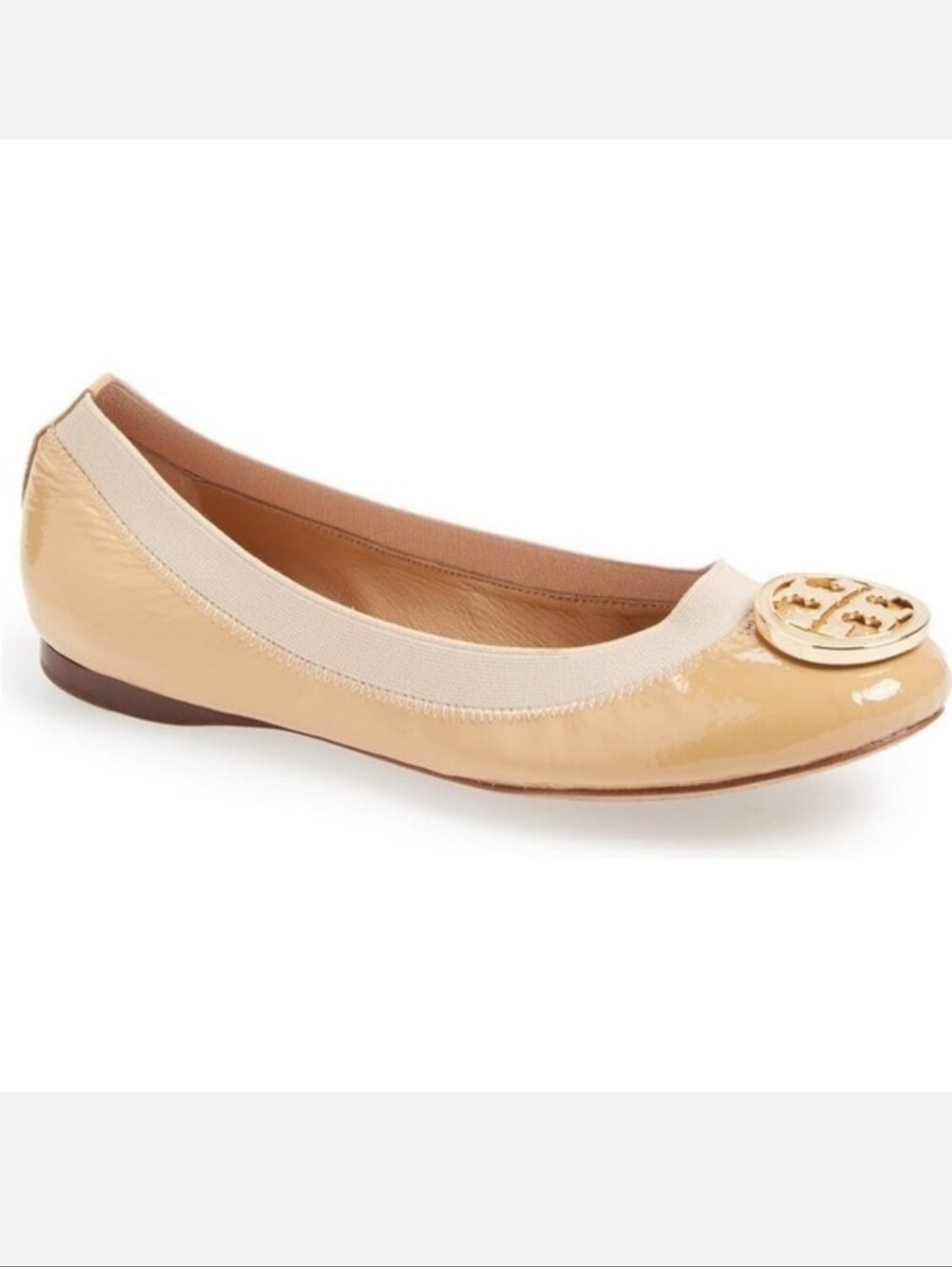 Tory Burch Beige Patent Leather Logo Ballet Flat